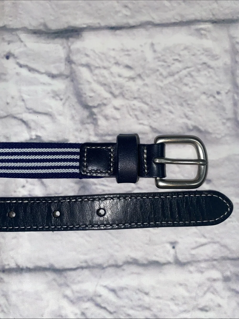 J. Crew Navy and White Striped Stretch Fabric Belt with Leather Trim Size M